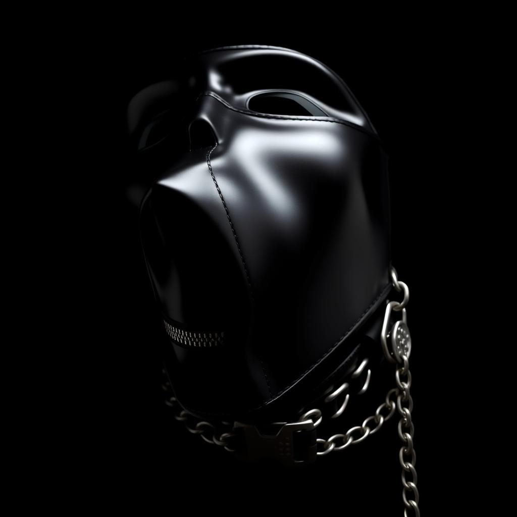 A shiny black mask with a detailed zipper for the mouth, accompanied by a stylish collar with an intricate design on a chain leash