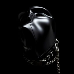 A shiny black mask with a detailed zipper for the mouth, accompanied by a stylish collar with an intricate design on a chain leash