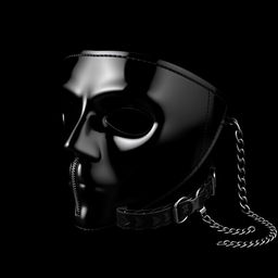 A shiny black mask with a detailed zipper for the mouth, accompanied by a stylish collar with an intricate design on a chain leash