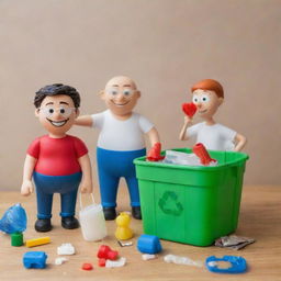 An innovative DIY recycling scene where cartoon characters are actively involved in repurposing plastic waste into useful objects