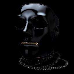 A shiny black mask with a detailed zipper for the mouth, accompanied by a stylish collar with an intricate design on a chain leash