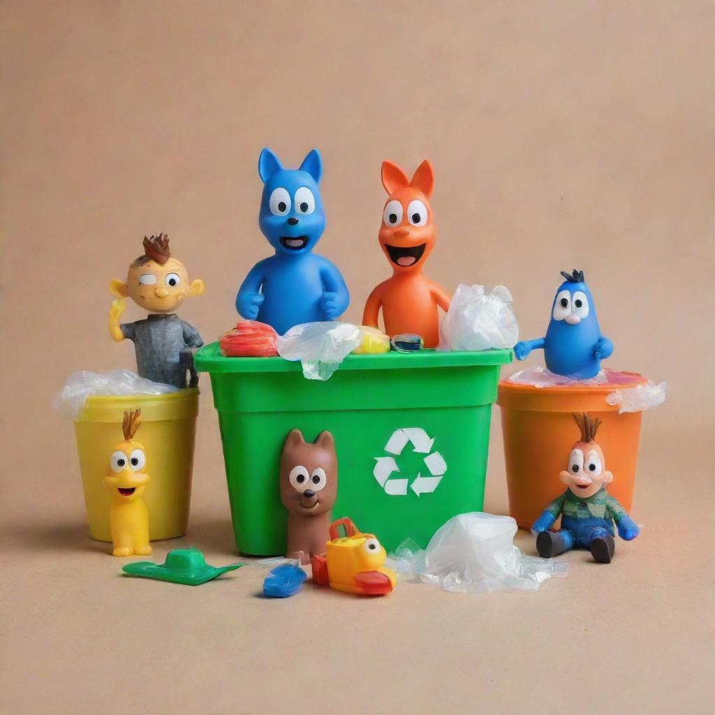 An innovative DIY recycling scene where cartoon characters are actively involved in repurposing plastic waste into useful objects