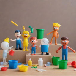 An innovative DIY recycling scene where cartoon characters are actively involved in repurposing plastic waste into useful objects