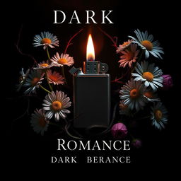 A dark romance book cover design featuring a lighter surrounded by daisy flowers, twisted veins, and flowers with thorns