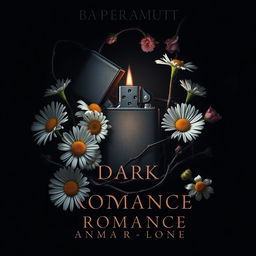 A dark romance book cover design featuring a lighter surrounded by daisy flowers, twisted veins, and flowers with thorns