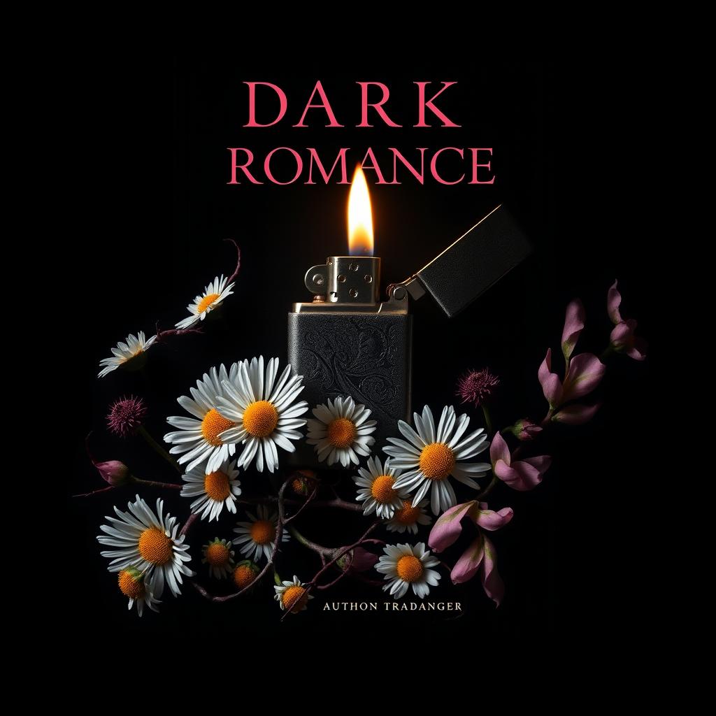 A dark romance book cover design featuring a lighter surrounded by daisy flowers, twisted veins, and flowers with thorns