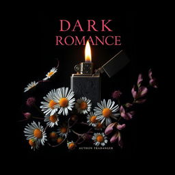 A dark romance book cover design featuring a lighter surrounded by daisy flowers, twisted veins, and flowers with thorns