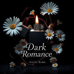 A dark romance book cover design featuring a lighter surrounded by daisy flowers, twisted veins, and flowers with thorns