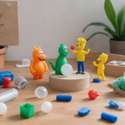 An innovative DIY recycling scene where cartoon characters are actively involved in repurposing plastic waste into useful objects