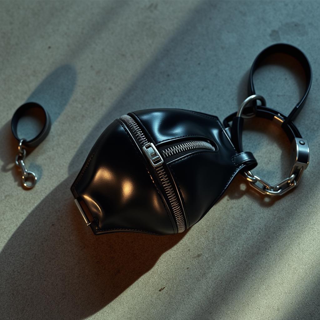 A shiny black mask with a zipper for the mouth, lying on a cement floor, accompanied by a collar and chain leash, casting subtle shadows on the ground