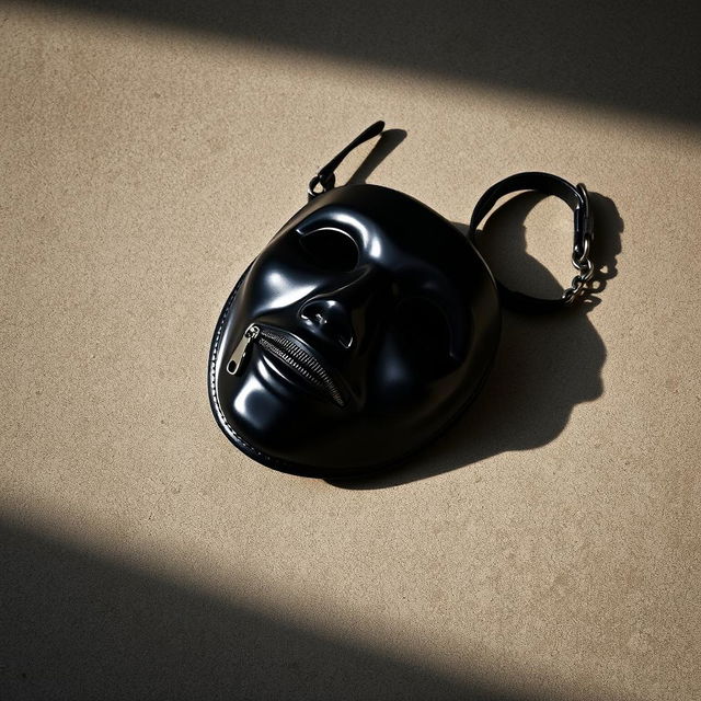 A shiny black mask with a zipper for the mouth, lying on a cement floor, accompanied by a collar and chain leash, casting subtle shadows on the ground