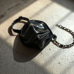 A shiny black mask with a zipper for the mouth, lying on a cement floor, accompanied by a collar and chain leash, casting subtle shadows on the ground