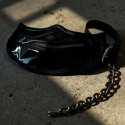 A shiny black mask with a zipper for the mouth, lying on a cement floor, accompanied by a collar and chain leash, casting subtle shadows on the ground