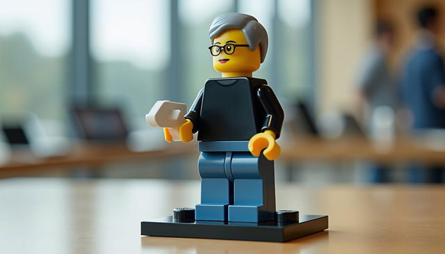 A highly detailed LEGO minifigure representation of Steve Jobs, wearing his iconic black turtleneck, blue jeans, and New Balance sneakers, standing confidently on a minimalist baseplate