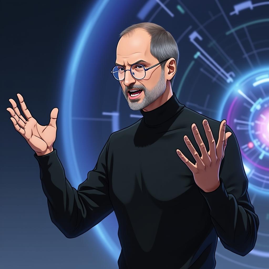 An anime-style depiction of Steve Jobs in an intense scene, capturing his charismatic and visionary persona