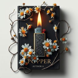 A captivating book cover design featuring a lighter at the center, surrounded by delicate daisy flowers