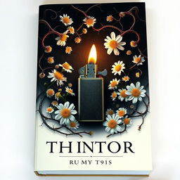 A captivating book cover design featuring a lighter at the center, surrounded by delicate daisy flowers