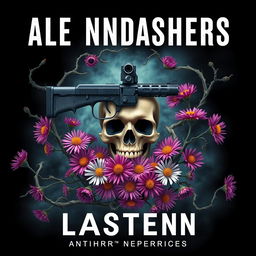 A striking book cover design featuring a gun and a skull at the center, surrounded by vibrant aster flowers