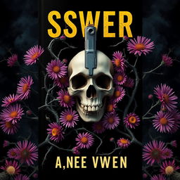 A striking book cover design featuring a gun and a skull at the center, surrounded by vibrant aster flowers