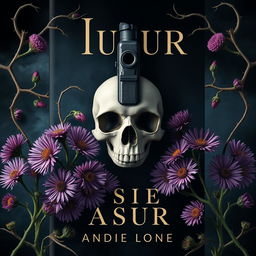 A striking book cover design featuring a gun and a skull at the center, surrounded by vibrant aster flowers