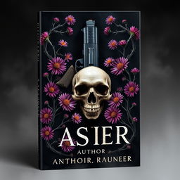 A striking book cover design featuring a gun and a skull at the center, surrounded by vibrant aster flowers