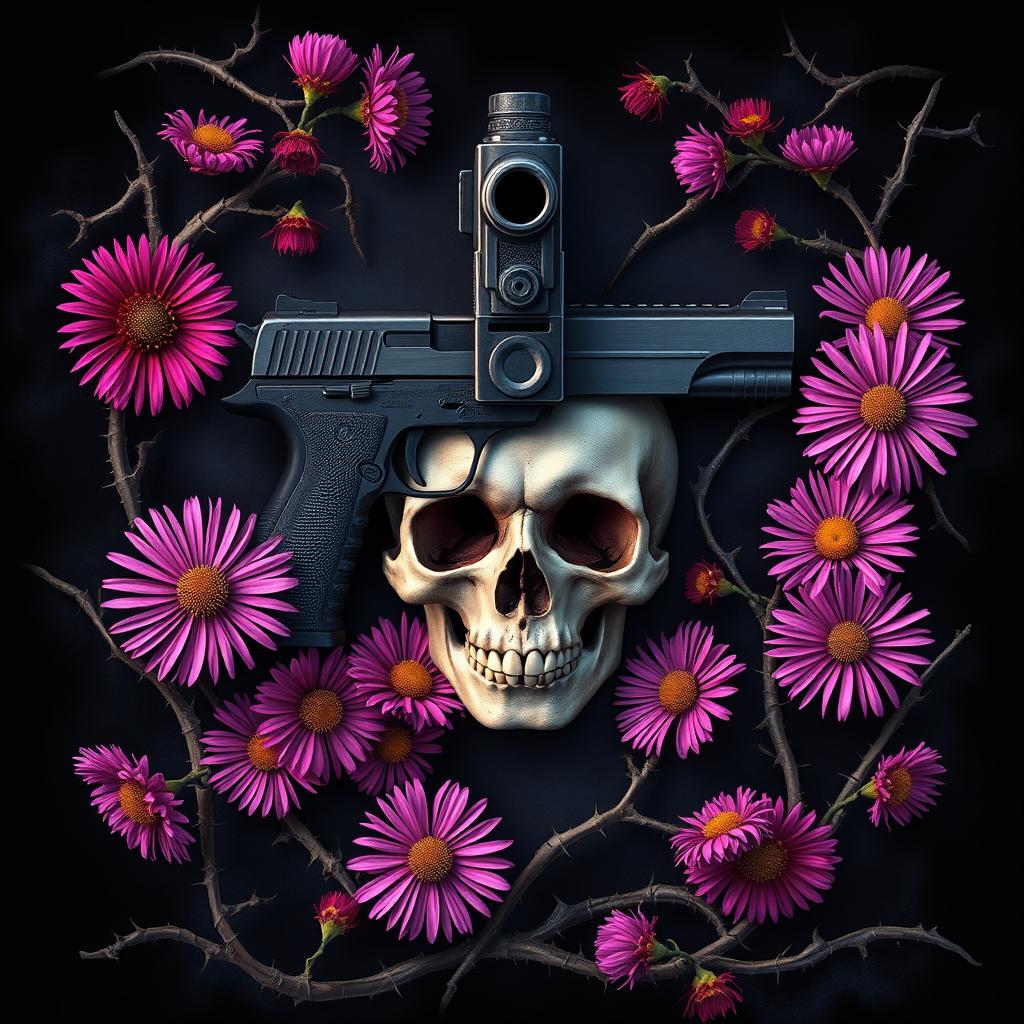 A striking book cover design featuring a gun and a skull at the center, surrounded by vibrant aster flowers