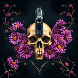 A striking book cover design featuring a gun and a skull at the center, surrounded by vibrant aster flowers