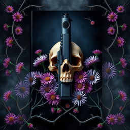 A striking book cover design featuring a gun and a skull at the center, surrounded by vibrant aster flowers