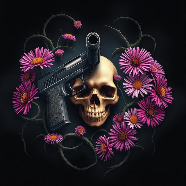 A striking book cover design featuring a gun and a skull at the center, surrounded by vibrant aster flowers