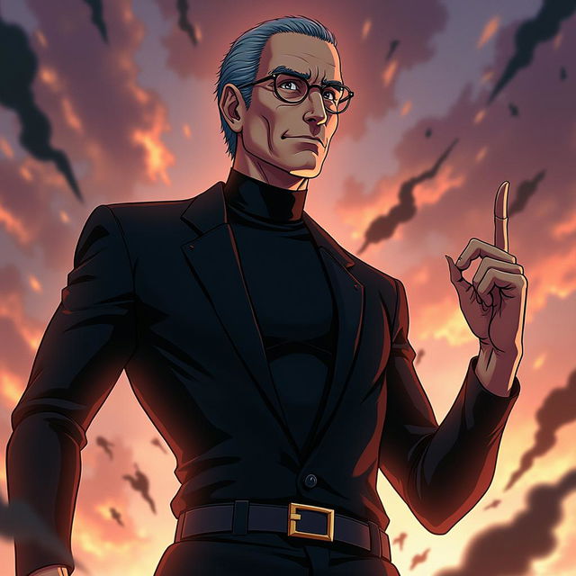 An anime-style depiction of Steve Jobs, styled in the iconic fashion of JoJo's Bizarre Adventure, in an intense scene