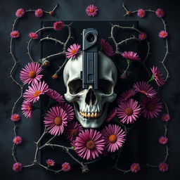 A striking book cover design featuring a gun and a skull at the center, surrounded by vibrant aster flowers