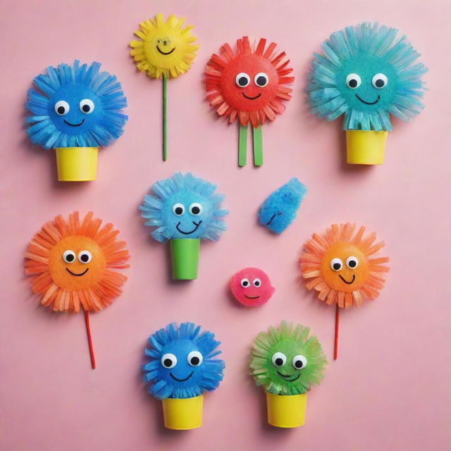 Create an image of DIY recycled crafts using colorful plastic materials styled in a whimsical cartoonish way.
