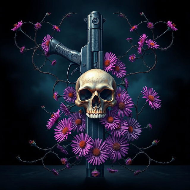 A striking book cover design featuring a gun and a skull at the center, surrounded by vibrant aster flowers