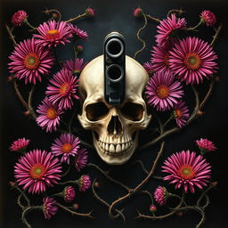 A striking book cover design featuring a gun and a skull at the center, surrounded by vibrant aster flowers