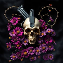 A striking book cover design featuring a gun and a skull at the center, surrounded by vibrant aster flowers