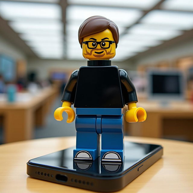 A highly detailed LEGO minifigure representation of Steve Jobs, wearing his iconic black turtleneck, blue jeans, and New Balance sneakers, standing confidently on an iPhone-inspired stand