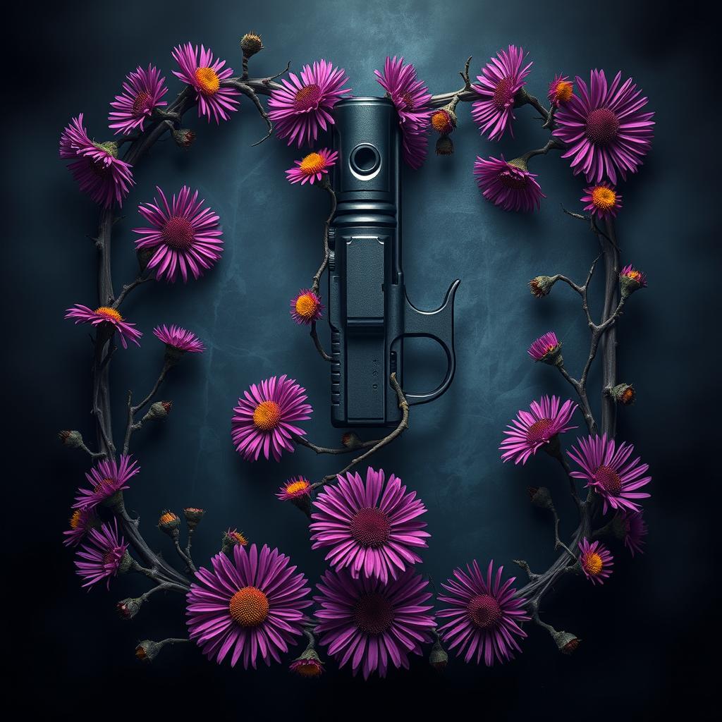 A captivating book cover design featuring a gun at the center, elegantly intertwined with vibrant aster flowers and twisted veins