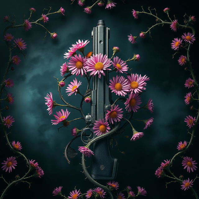 A captivating book cover design featuring a gun at the center, elegantly intertwined with vibrant aster flowers and twisted veins