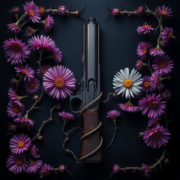 A captivating book cover design featuring a gun at the center, elegantly intertwined with vibrant aster flowers and twisted veins