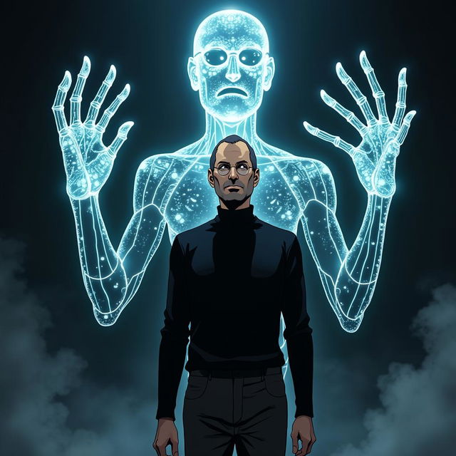 An anime-style depiction of Steve Jobs in an intense scene, designed in the JoJo's Bizarre Adventure art style