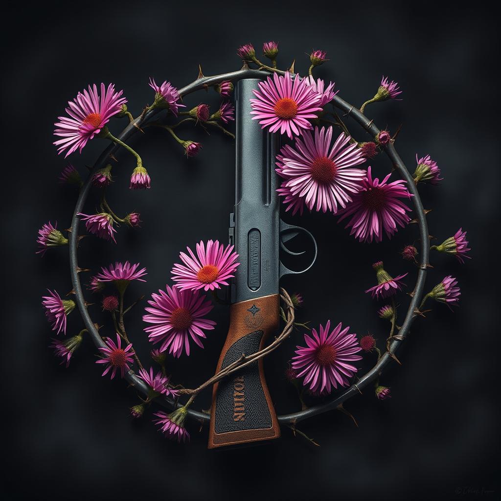 A captivating book cover design featuring a gun at the center, elegantly intertwined with vibrant aster flowers and twisted veins