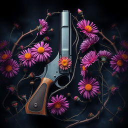 A captivating book cover design featuring a gun at the center, elegantly intertwined with vibrant aster flowers and twisted veins