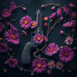 A captivating book cover design featuring a gun at the center, elegantly intertwined with vibrant aster flowers and twisted veins