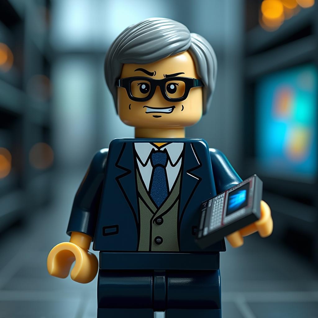 A highly detailed LEGO minifigure representation of Bill Gates, styled as a playful villain