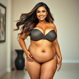 A voluptuous and curvaceous woman with an emphasis on her ample bust size, standing confidently