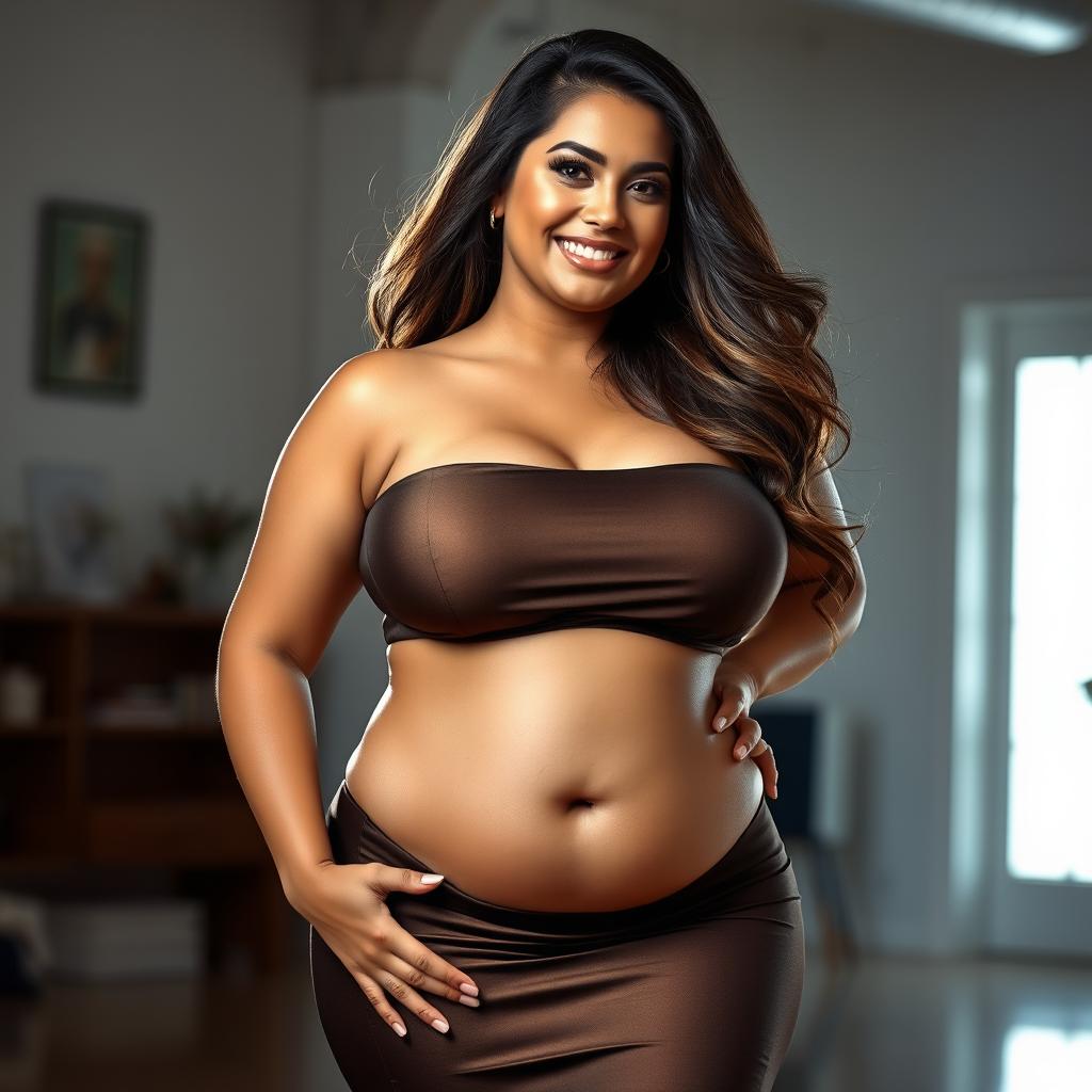 A voluptuous and curvaceous woman with an emphasis on her ample bust size, standing confidently