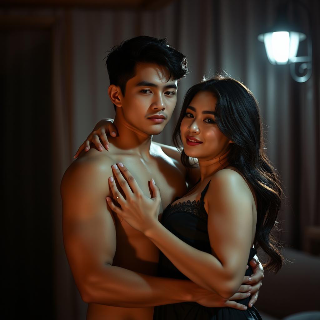 A romantic and sensual scene with a 19-year-old Indonesian man with an athletic body and pure white skin, embracing a 38-year-old woman with a plump and sexy figure