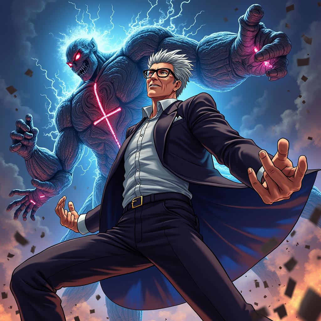 An anime-style depiction of Bill Gates as a formidable character in the style of JoJo's Bizarre Adventure