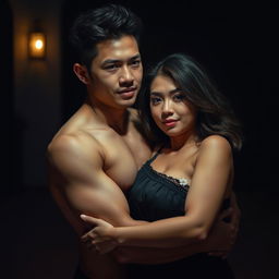 A romantic and sensual scene with a 19-year-old Indonesian man with an athletic body and pure white skin, embracing a 38-year-old woman with a plump and sexy figure