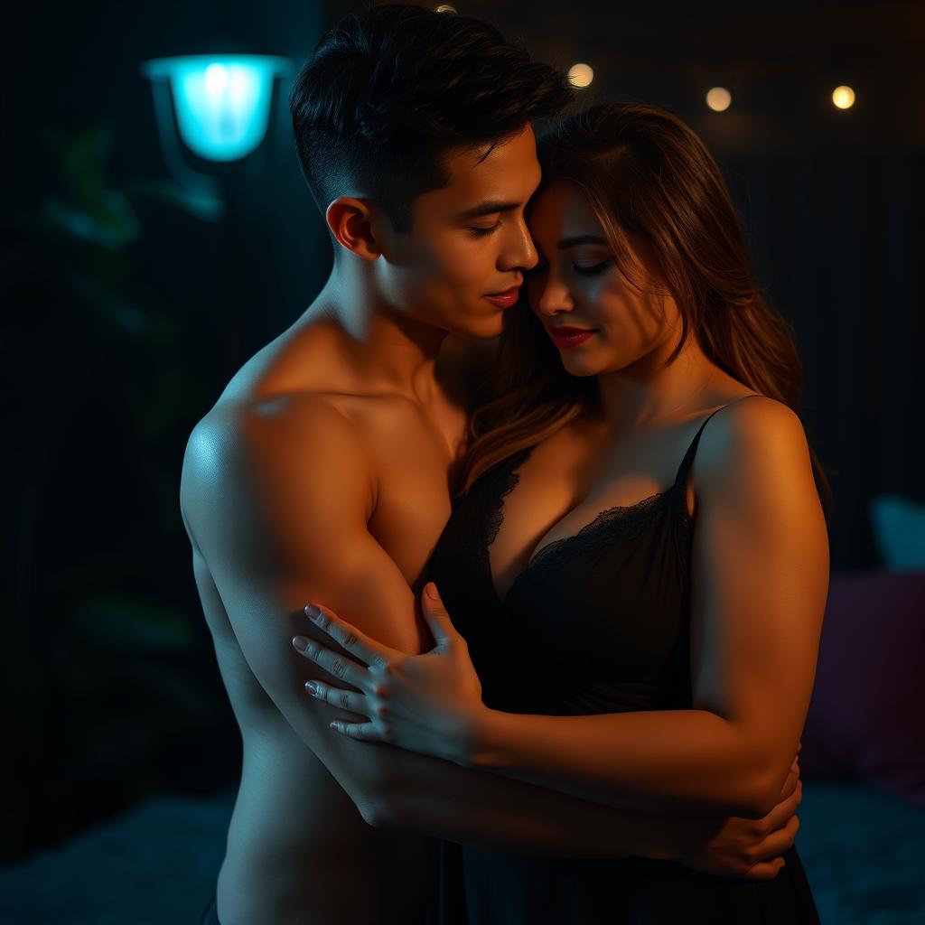 A romantic and sensual scene with a 19-year-old Indonesian man with an athletic body and pure white skin, embracing a 38-year-old woman with a plump and sexy figure